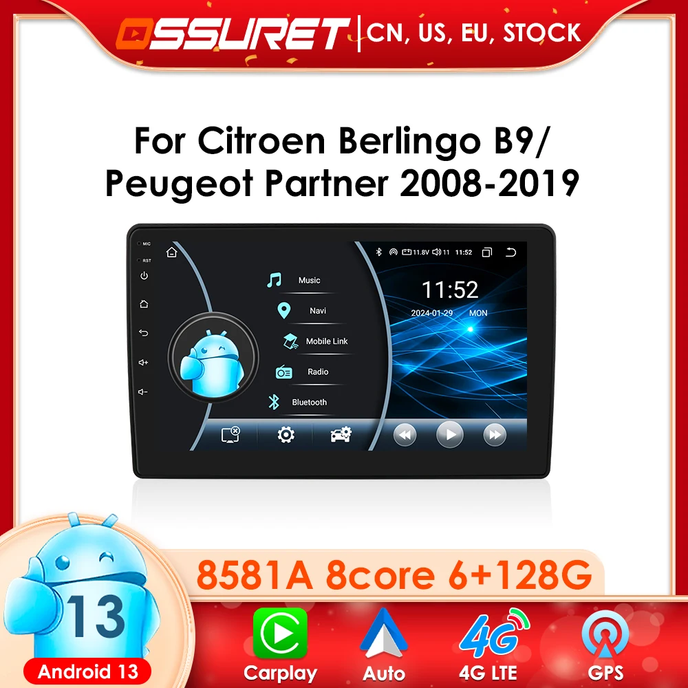 Android 13 2 Din Stereo For Citroen Berlingo B9  Peugeot Partner 2008-2019  Player Navigation WIFI Wireless Carplay Auto RDS GPS