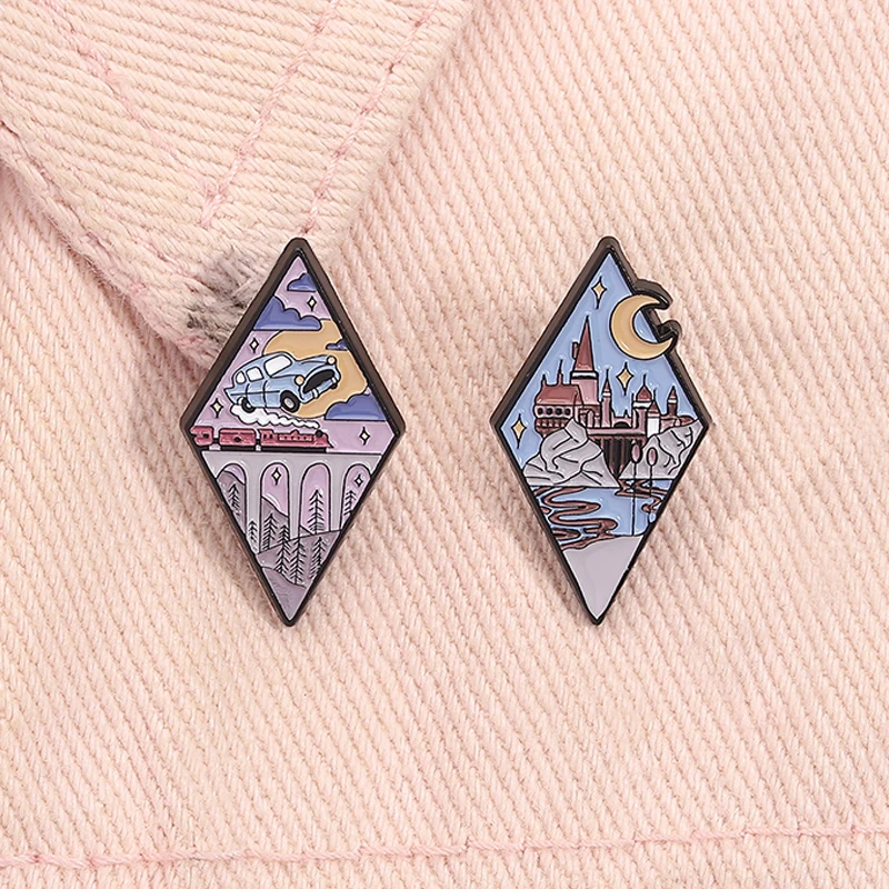 Fantasy Film Magical Christmas Castle Enamel Pin Blue Flying Wizard Car Brooches Lapel Badge Fashion Jewelry Gifts for Friends