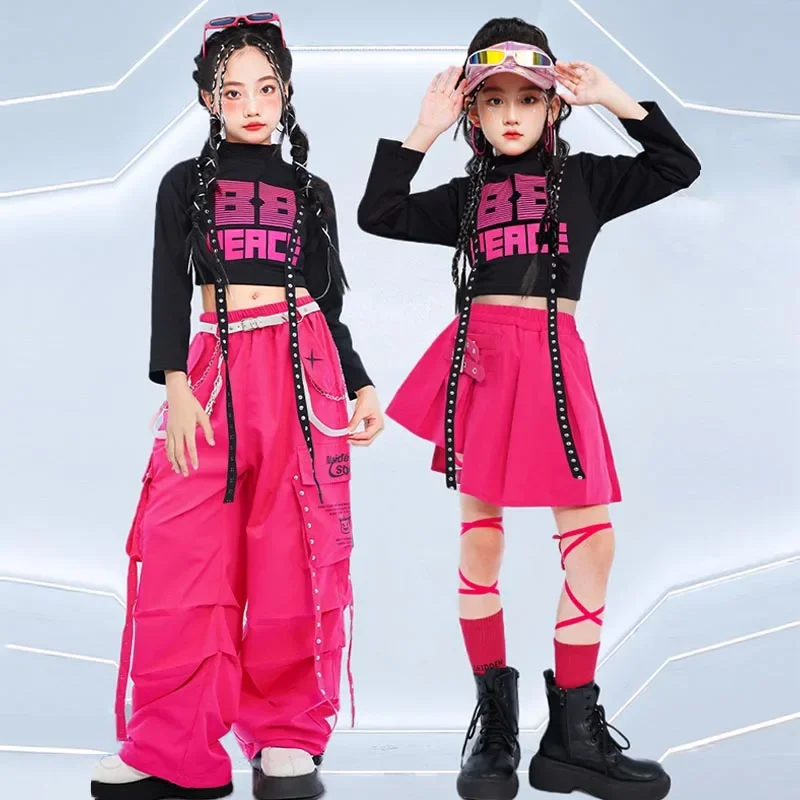 

Модный костюм для девочек, одежда для джазовых танцев, детский костюм в стиле хип-хоп для сцены K-Pop, черные топы, розовая юбка, брюки, танцевальная одежда