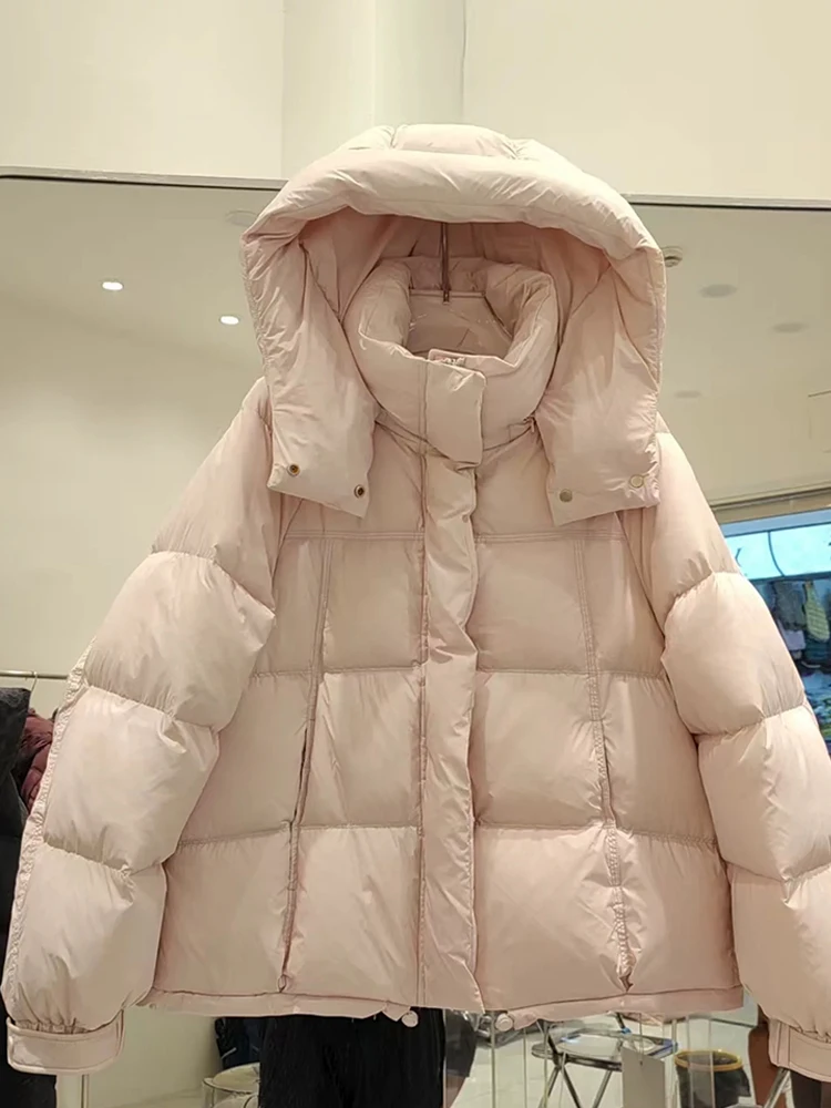 2025年冬新作 ダウンジャケット レディース ショート丈 フード付き クラウドパフ 厚手 無地 おしゃれ 多機能 パン風 ダックダウンコート