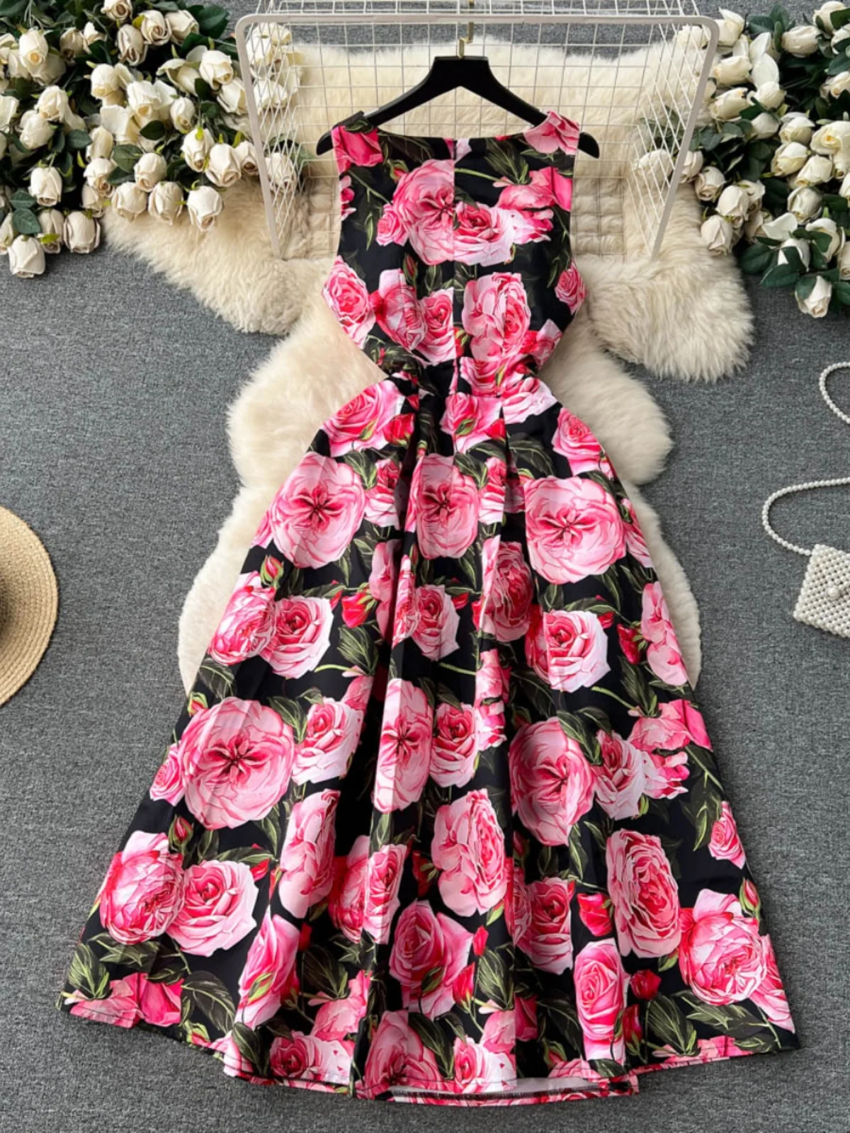 กระโปรงเอวสูงทรงเอ midi สำหรับผู้หญิง แฟชั่นสไตล์เรโทร ลายพิมพ์ ช่วยให้ดูผอม ทรงเข้ารูป คอกลม สไตล์เกาหลี เหมาะสำหรับใส่ไปทำงาน ฤดูใบไม้ผลิ