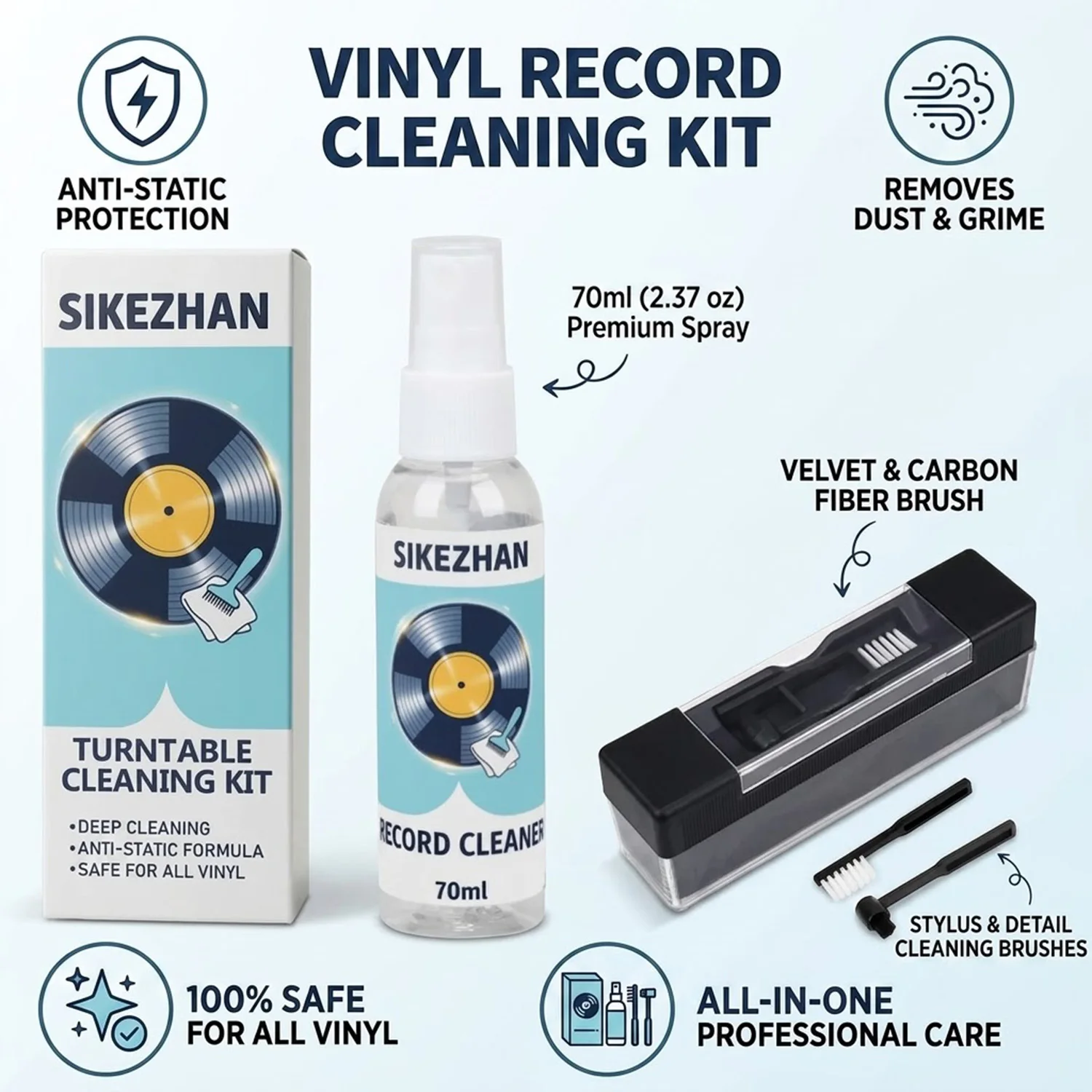 SIKEZHAN Turntable Record Cleaning Kit Vinyl Cleaner Solution Velvet Brush Stylus Brush Anti-Static Dust Fingerprint Remover