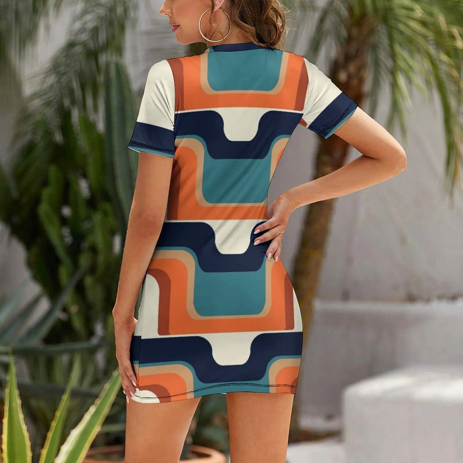 Mid-Century Modern Meets 1970s Orange & Blue Short Sleeved Dress summer women's suit sexy short dresses daring Dress