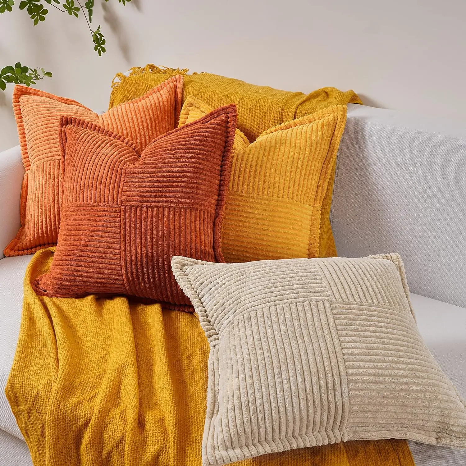 Fall Broadside Throw Pillow Cover with Splicing 18x18 Super Soft Corduroy Couch Pillow Covers Decorative Orange Throw Pillows