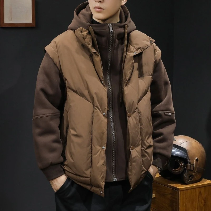 Męska kurtka z kapturem, imitacja dwuczęściowej, ocieplana bawełną, nowa, modna, markowa odzież robocza, bluza z kapturem, patchworkowy płaszcz, duży rozmiar, modny płaszcz.