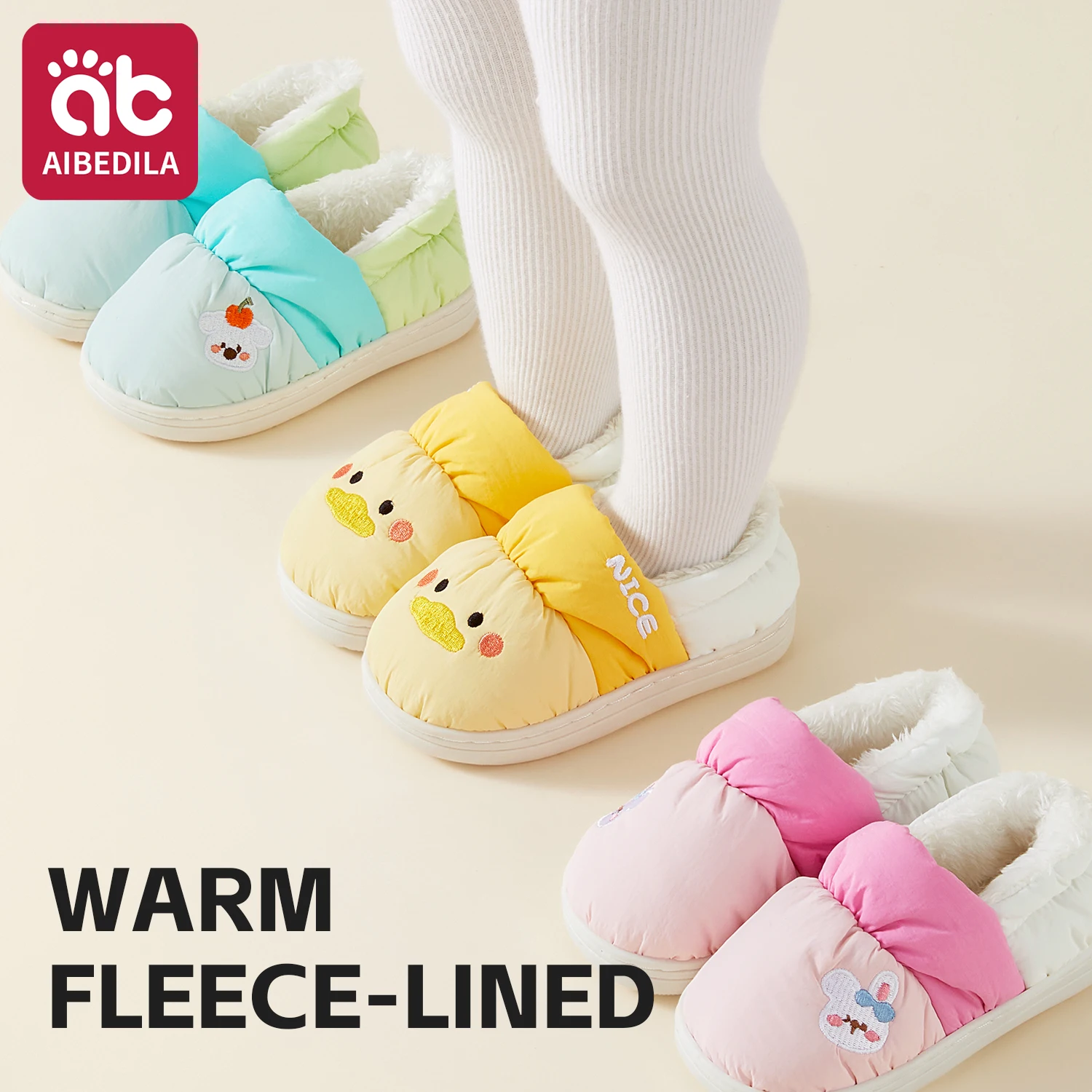 

AIBEDILA Cute Cartoon Kids Slippers Lightweight Durable Child Slippers Warm Thick Plush Baby cotton slippers Boy/Girl 1-3T