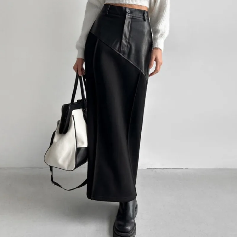 

Женские лоскутные юбки из искусственной кожи с разрезом, осенние черные юбки трапециевидной формы в стиле панк, длинные средние гранж-юбки Y2K, весенние юбки с высокой талией, уличные