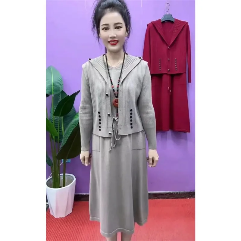 Autumn And Winter New knitted Dress Two-piece Vest Slimming Women\'s Temperament Versatile Hooded Dress