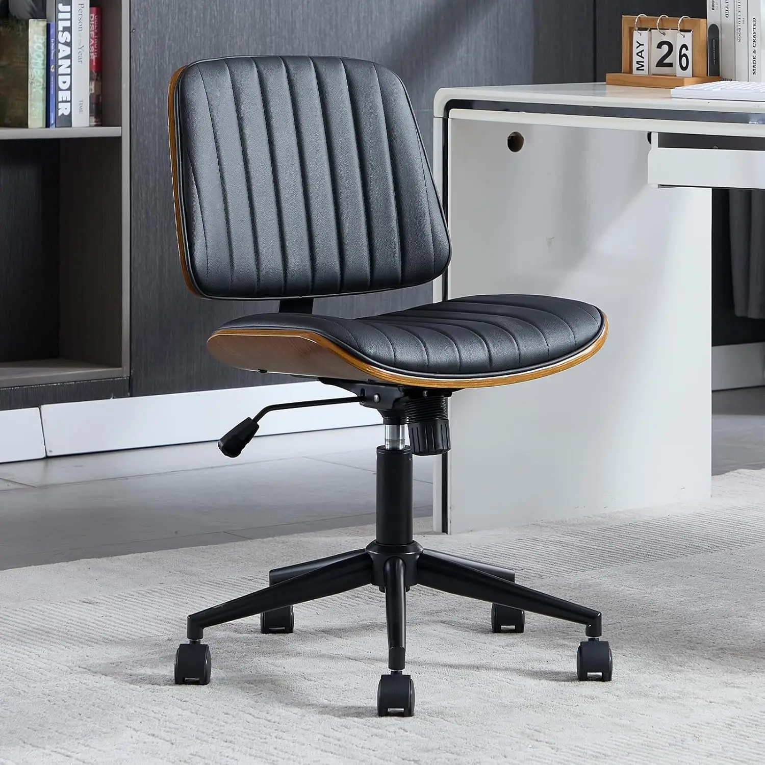 

Armless Mid Back PU Upholstered Home Office Chair 360° Swivel Height Adjustable Walnut Base White, Customized