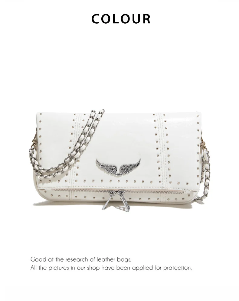 Bolso Bandolera Tipo Sobre Pequeño para Mujer 2026, Bolso de Hombro Casual de Cuero Encerado Negro Suave con Cadena de Remaches Plateados