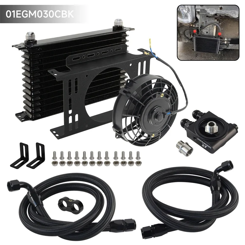 Oil Cooler Kit Universal AN10 13 Row w/ Bracket + 7'' Electric Fan Kit Thermostatic 73±0.5° Filter Adapter Aluminum Black/Blue