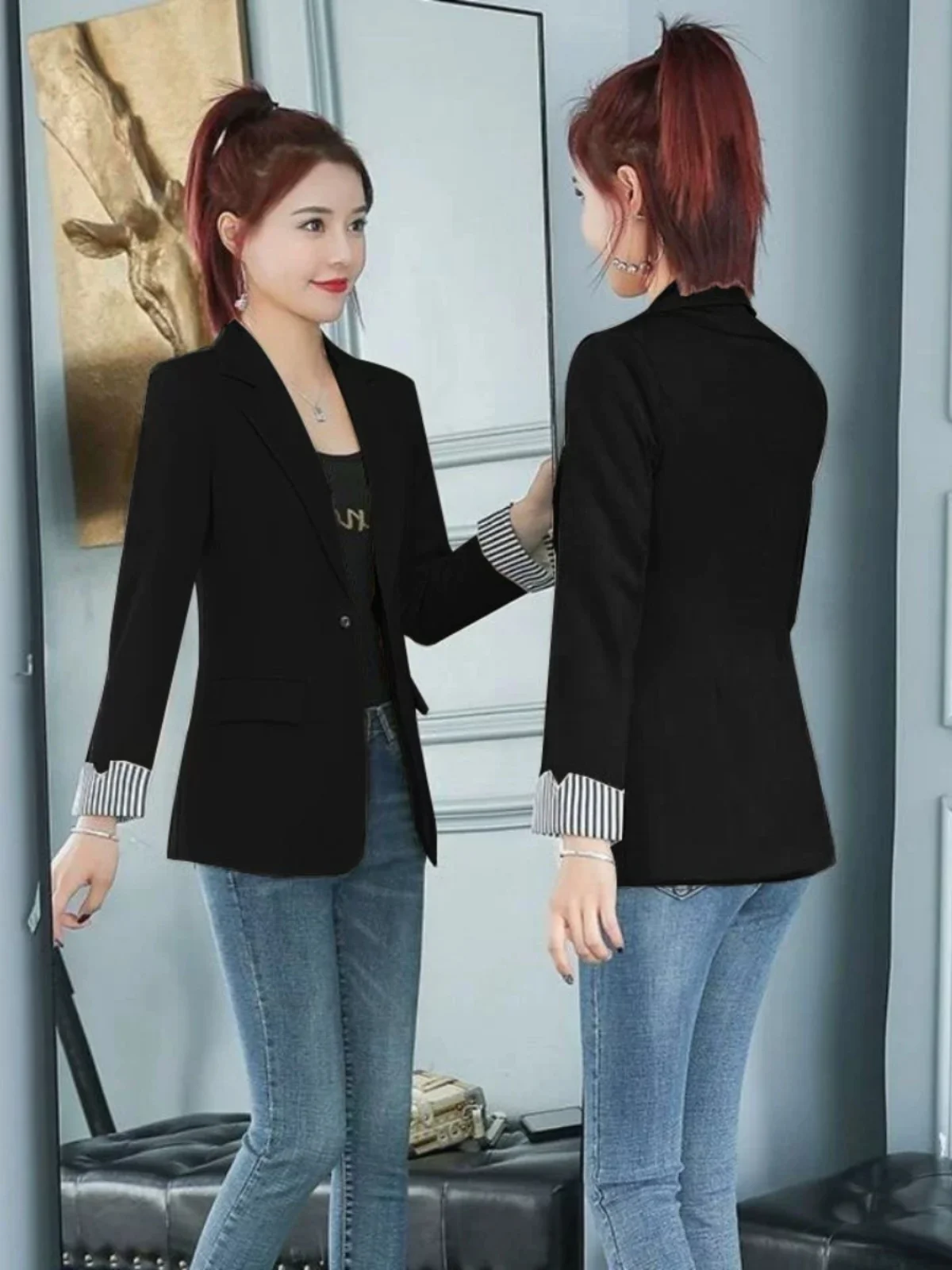 

Black Tailored Jacket Women's Small Size Early Autumn Casual Slimming Fashionable Lady's Suit Polyester Long Sleeve Button up