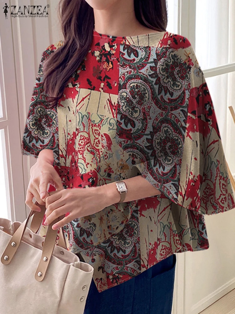 

ZANZEA Vintage Print Tops Women Summer Cotton Blouses Fashion Asymmetrical Tunic 2025 Casual 3/4 Sleeve Loose Shirt Blusas Femme