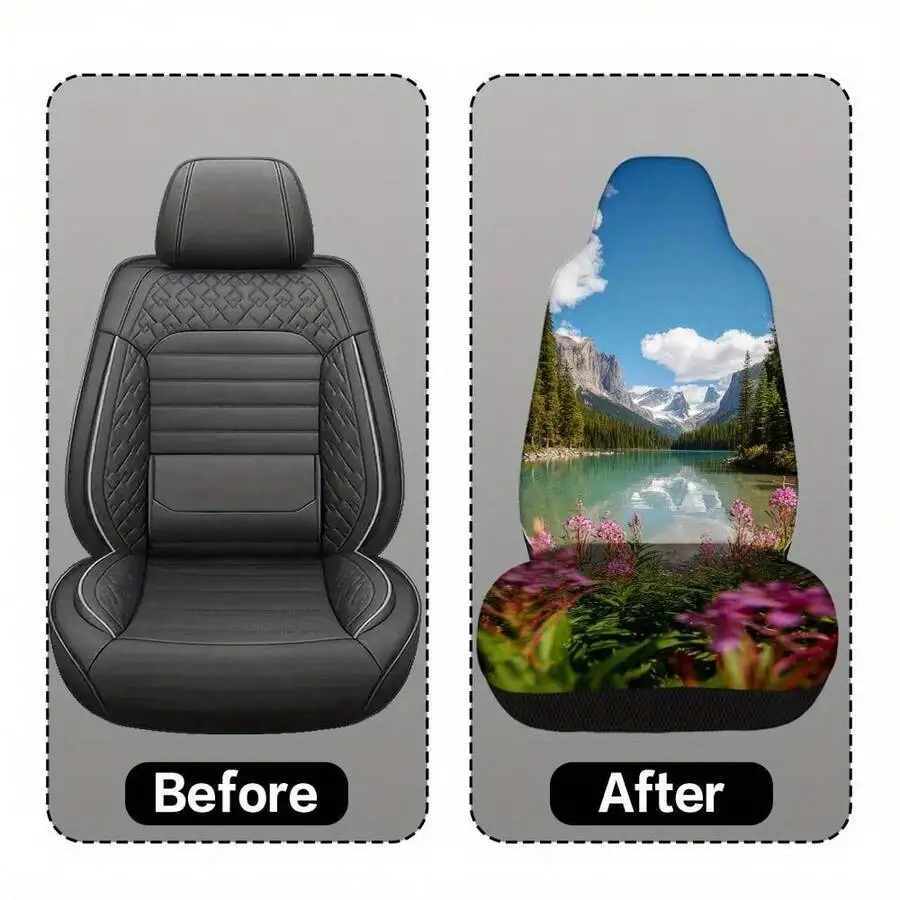 

Mountain Lake With Flowers Print Car Seat Cover For Front Seat SUV Sedan Durable Easy Install
