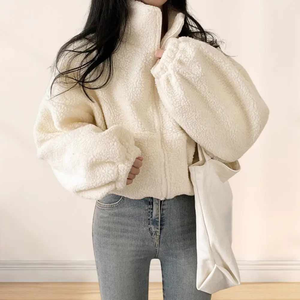 Women Faux Shearling Jacket Loose-fitting Women Jacket Cozy Winter Women's Fleece Jacket with Stand Collar Zipper for Weather