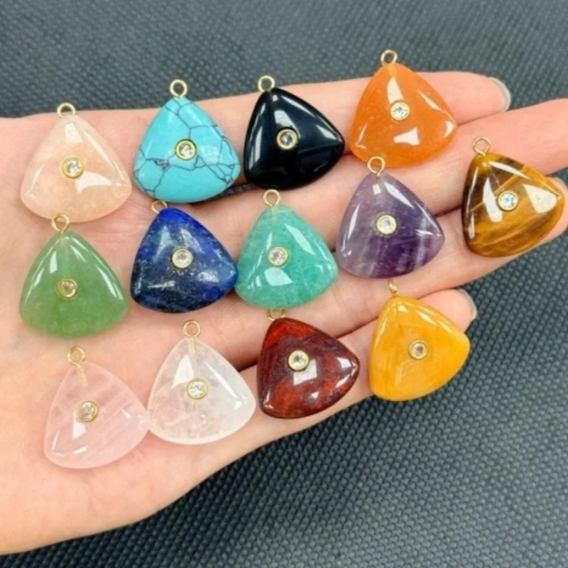 10pcs Fan Shaped Natural Stone Pendant with Zircon Inlaid, Tiger Eye & Amazonite Charm for Necklace DIY Jewelry Making Wholesale
