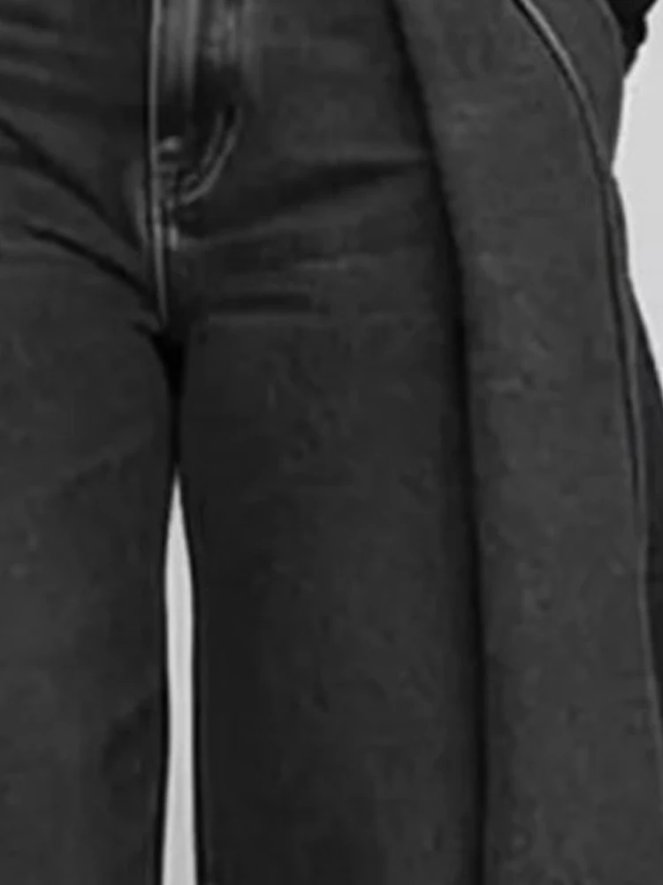 Women Solid High Waist Denim Jeans Irregular Hem Wide Leg Pants Side Pocket Loose Bell Bottom Denim Trousers Fashion Streetwear