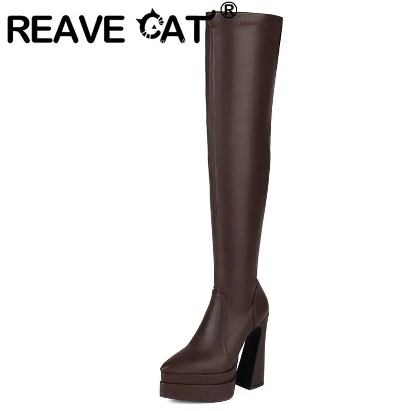 

REAVE CAT 2022 Ladies Stretchy Thigh Boots 54cm Strange High Heel 14cm Platform 4.5cm Pointed Toe Zipper Plus Size 43 Sexy Party