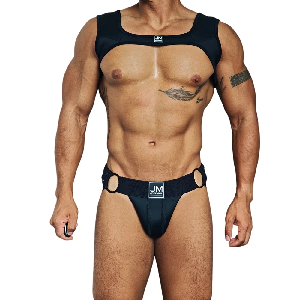 JOCKMAIL Men Harness Shoulder Strap Tank Top Jockstrap Two Piece Bodysuit  Lingerie Sets Neoprene Adjust   Athletic Supporters
