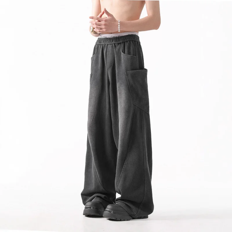 

Мужские потертые спортивные штаны в американском стиле, весенний дизайн, повседневные нишевые черные широкие брюки в стиле ретро