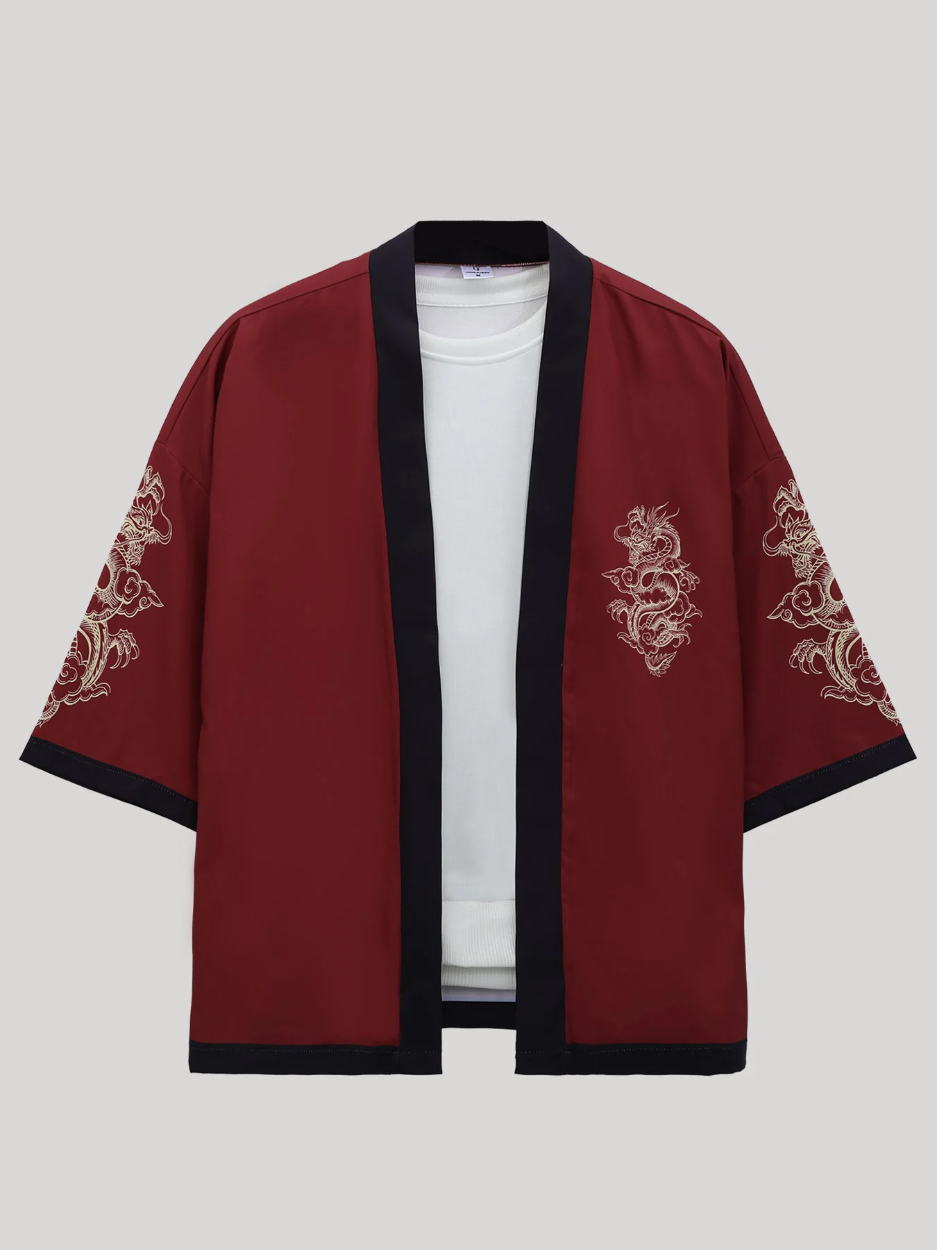

Men's Burgundy Red Chinese Style Dragon Embroidery Kimono Cardigan Spring Fall Loose Robe Jacket