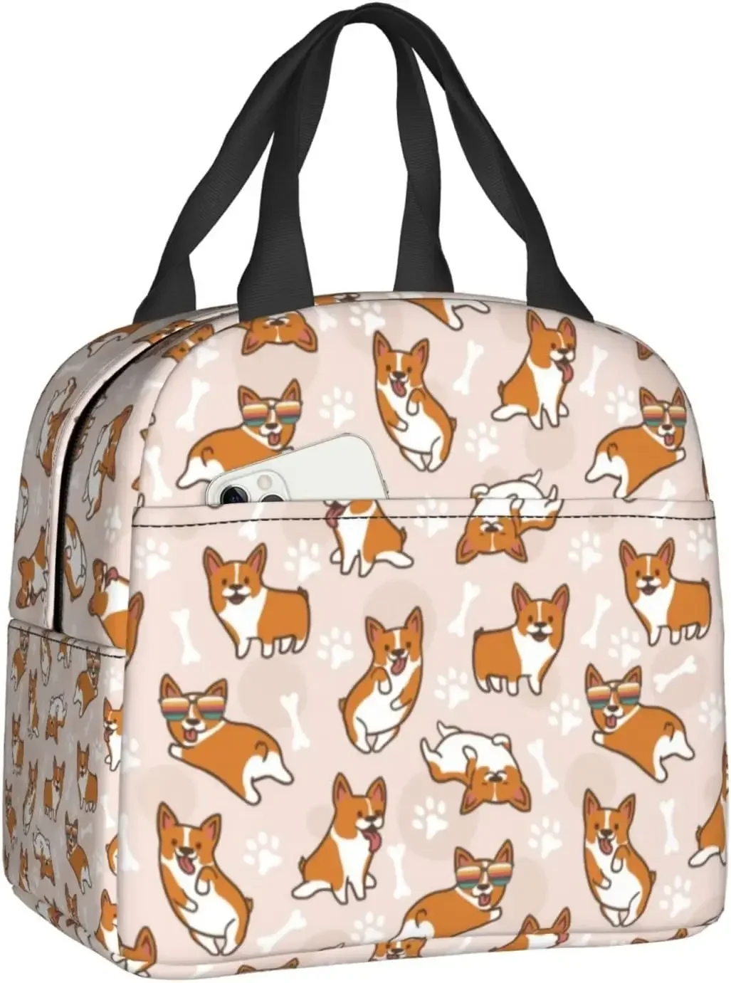 Corgi Insulated Lunch Bags with Pocket for Boys Girls Reusable Cooler Dog Thermal Lunch Box for School Travel Picnic Beach