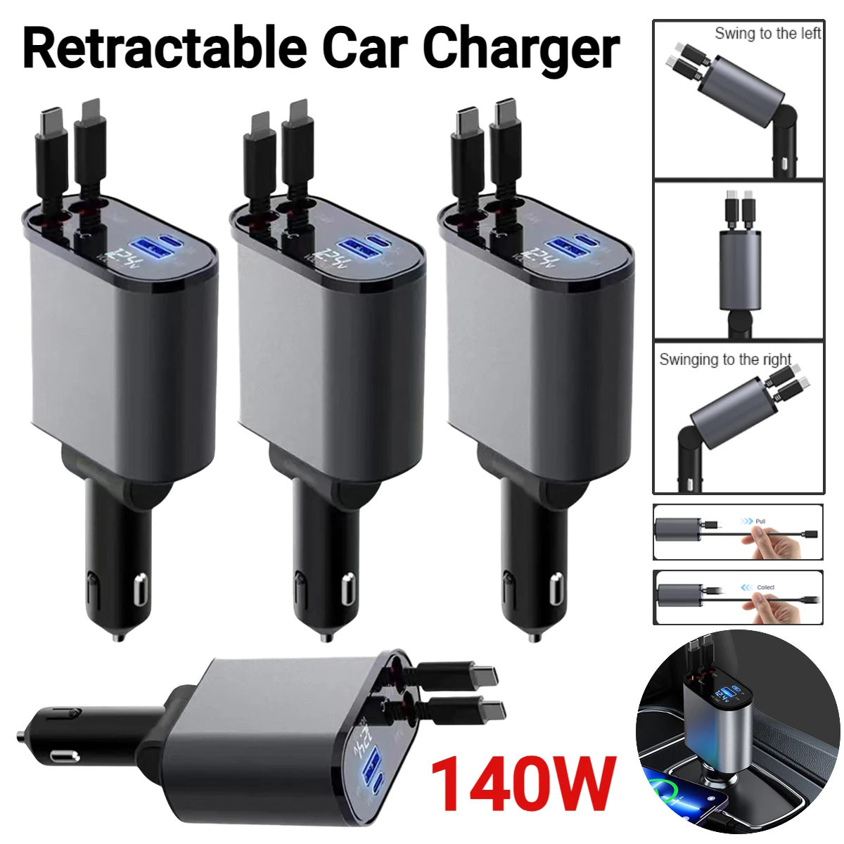 120W 4 IN 1 caricabatteria da auto retrattile cavo USB C per IPhone Huawei Samsung cavo di ricarica rapida adattatore accendisigari PD QC3.0