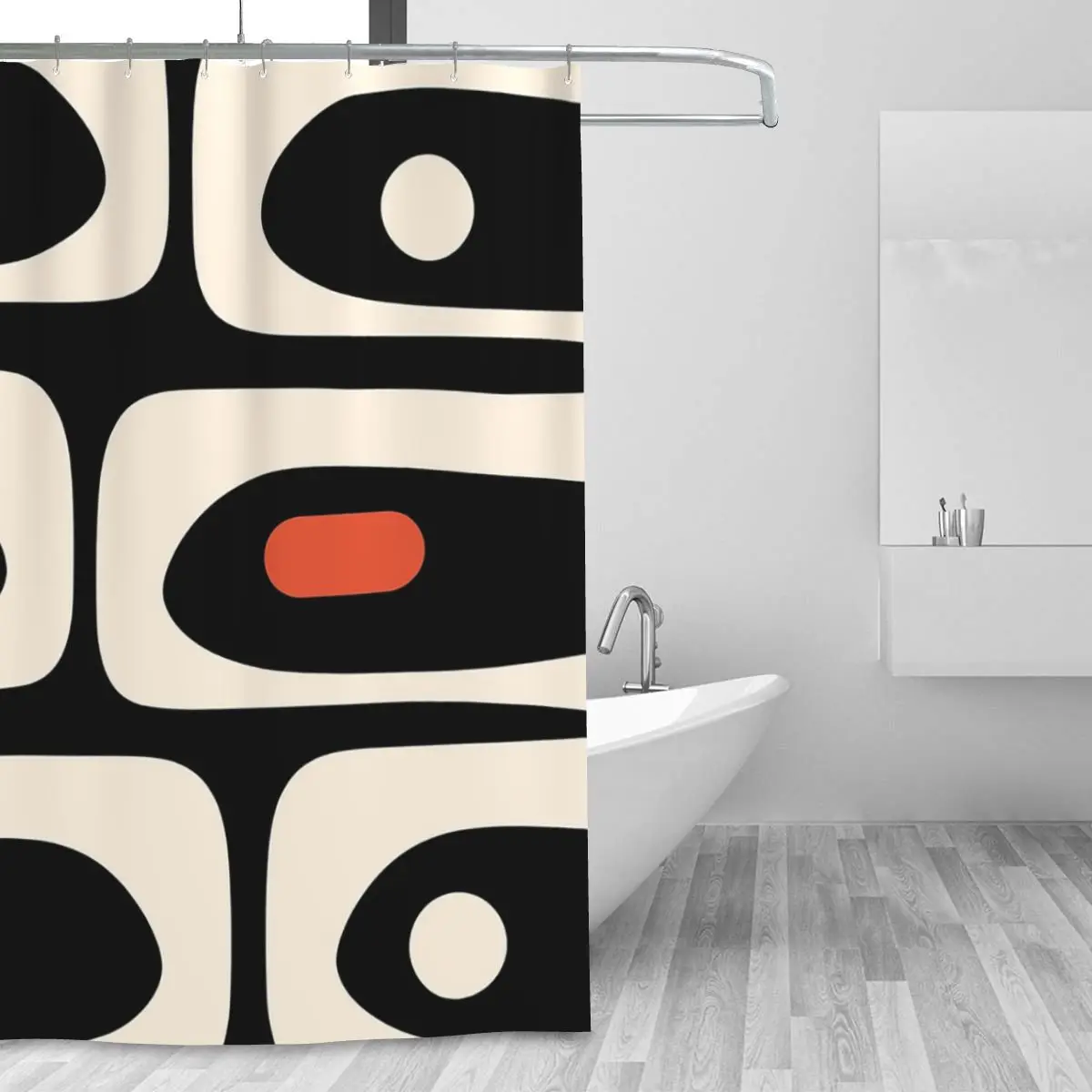 Mid Century Modern Piquet Abstract Pattern Black, Orange, And Almond Cream Shower Curtain Bathroom Bath Curtains with Hooks