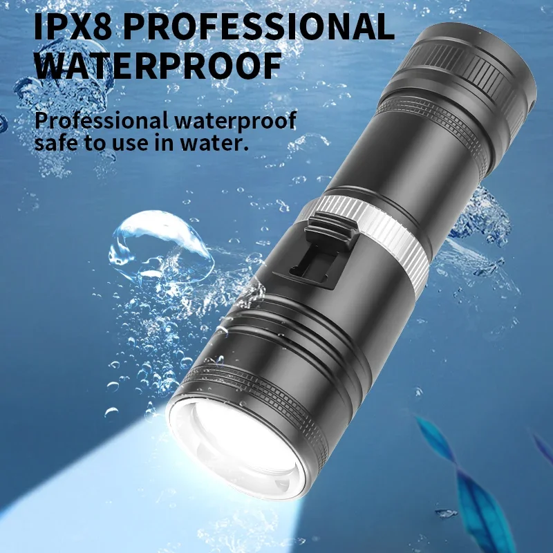 ไฟฉายดำน้ำอลูมิเนียม D117 กันน้ำระดับ IPX8 ไฟ LED สำหรับนักดำน้ำ ไฟฉายดำน้ำลึก 100 เมตร โคมไฟกันน้ำสำหรับตั้งแคมป์ ตกปลา ไฟฉาย LED