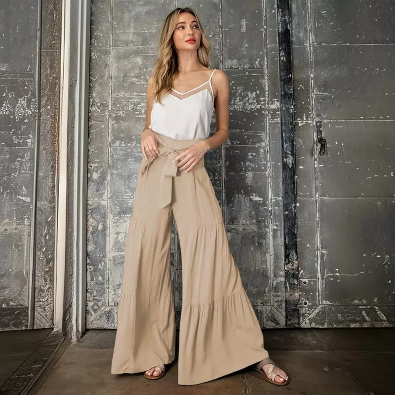 

New Women's Fashion High-Waisted Pleated Wide Leg Pants Adjustable Tie Waist Relaxed Fit Casual Trousers for Stylish Comfort