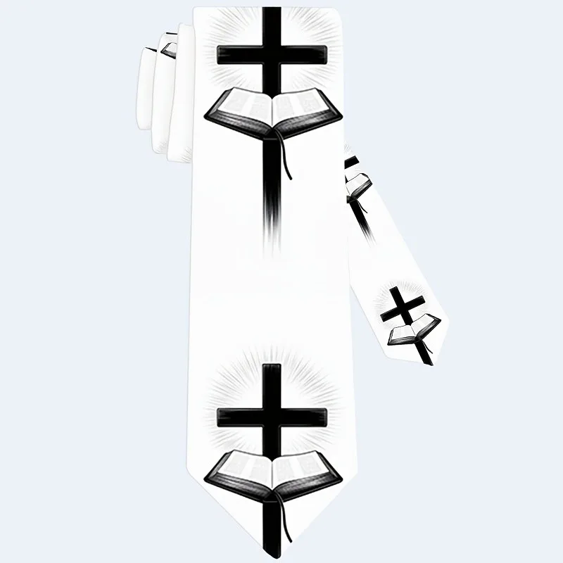 1pc, Men'S Tie White Black Cross Print, Christian Faith Pattern for Daily Party Holiday Wear, Funny Gift for Him