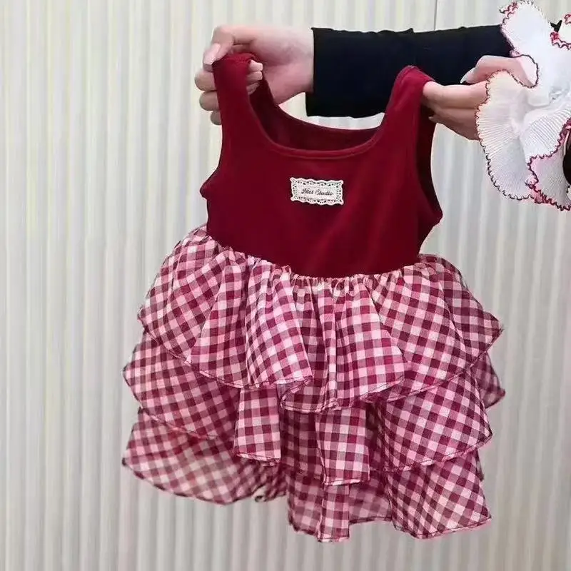 

Girl's Retro Plaid Splicing Dress Summer 2025 New Style Little Girl Cake Dress Children's Princess Sweet Vest Skirt 73-130CM