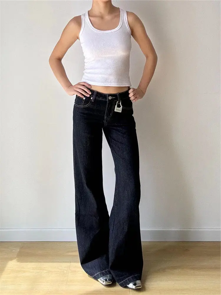 Women's Black Denim Pants Low Rise Y2K Baggy Jean Japanese Dark Academia Cowboy Harajuku Grunge Stacked Jeans