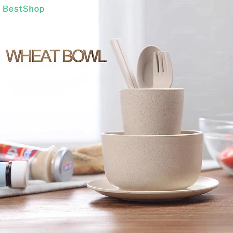 6 Pcs/Set Wheat Straw Baby Tableware Children Food Dishes Bowl Feeding Infant Learning Dinnerware Spoon Chopsticks Fork Cup New