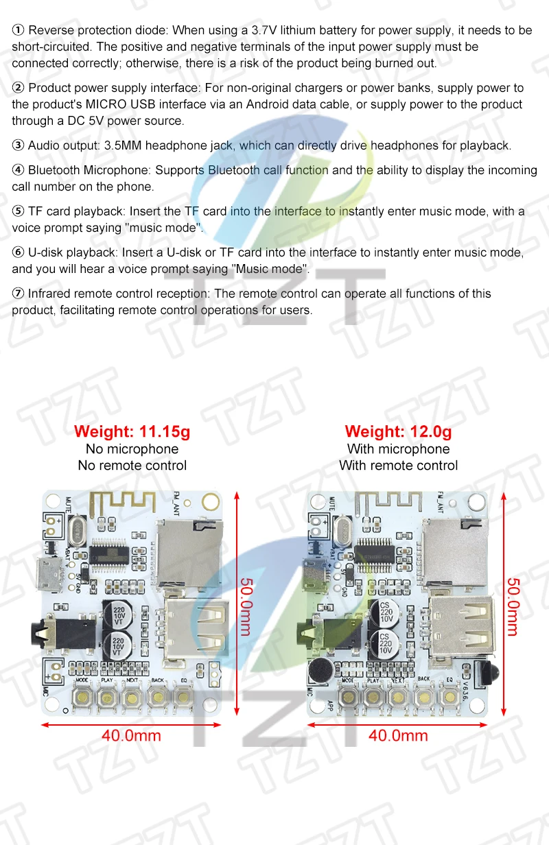 TZT TF-Karten Bluetooth-Audioboard mit USB-Anschluss, Dekodierung, Wiedergabe, 5V Stereo-Musikmodul – Detail 5