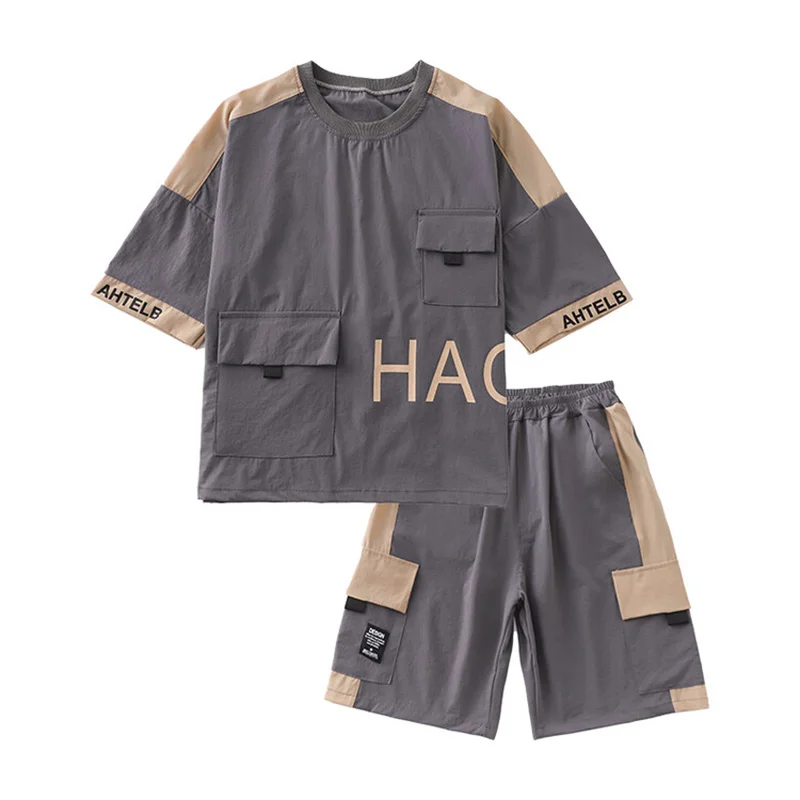 Summer suit for boys 2024 Summer new short-sleeved two-piece sports for kids ages 6-15