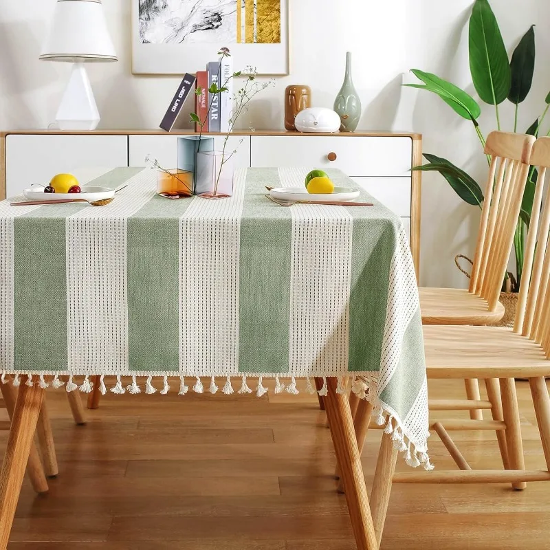 Striped Table Cloth Rectangle Cotton Linen Dust-Proof Table Cover