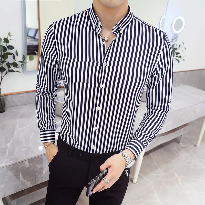 Men\'s striped shirt slim fit long sleeved high-quality business 2024 summer casual formal shirt Korean version casual dress shir