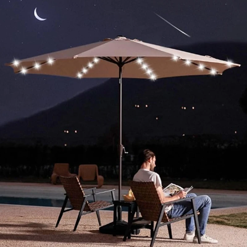 Upgrade 9FT LED Lighted Patio Umbrella, Solar Outdoor Umbrella, Tilt Table Umbrella for Pool, Deck & Yard (Beige)