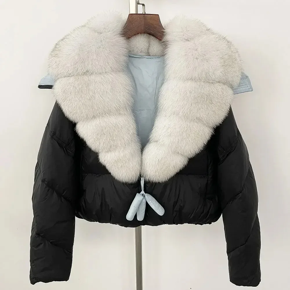 الأبيض بطة أسفل معطف المرأة ريال الطبيعية الثعلب الفراء طوق قصيرة سترة منفوخة سميكة الدافئة عارضة الشارع الشهير الشتاء أسفل سترة