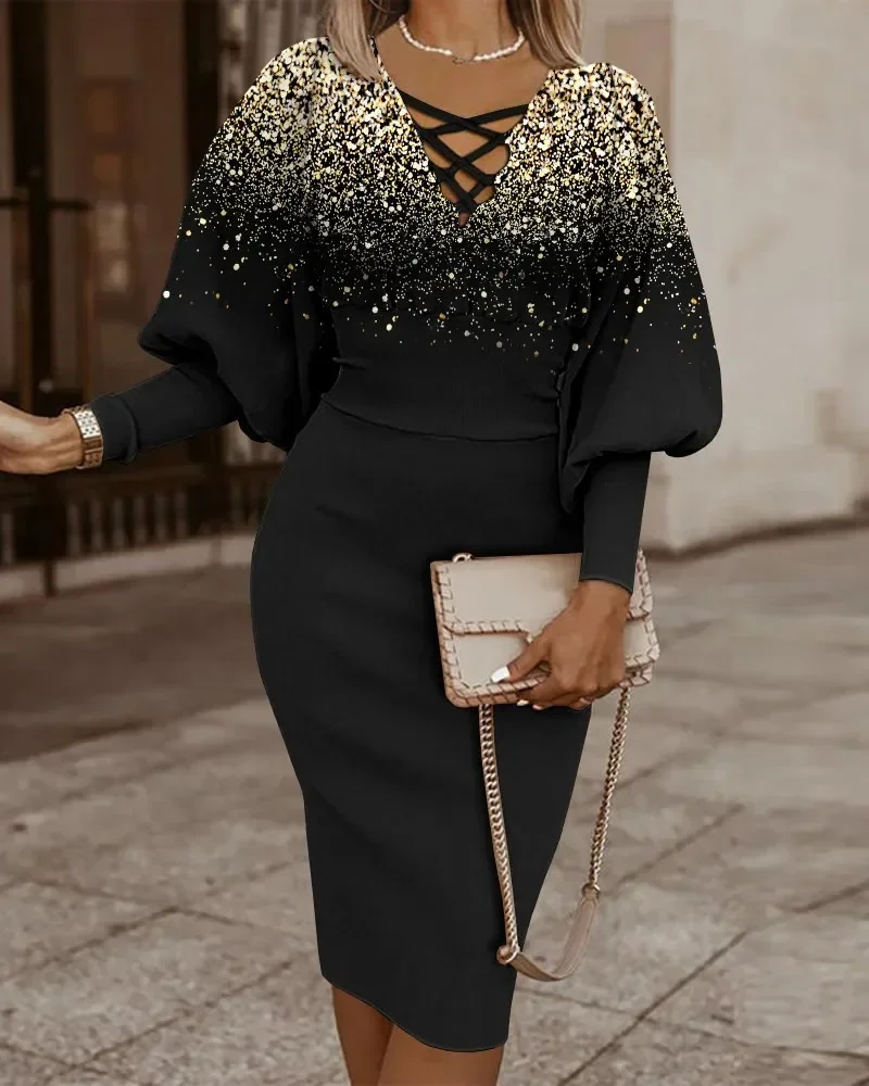 Damen-Kleid mit überkreuztem V-Ausschnitt und Print, figurbetontes Midikleid, elegantes Party- und Arbeitskleid – Detail 11
