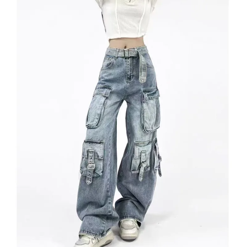 

Y2K Solid Color Multi-pocket Loose Jean Women's High Street Retro Hip-hop Wide-leg Pants Casual Straight High-waisted Jean Women