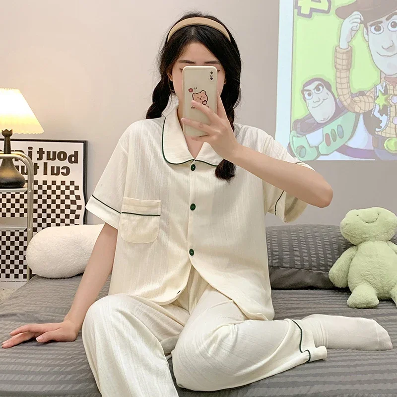 2023 Summer Autumn Cotton Short Sleeve Long Pants Pajama Sets For Women Korean Loose Sleepwear Suit Pyjama Homewear Home Clothes