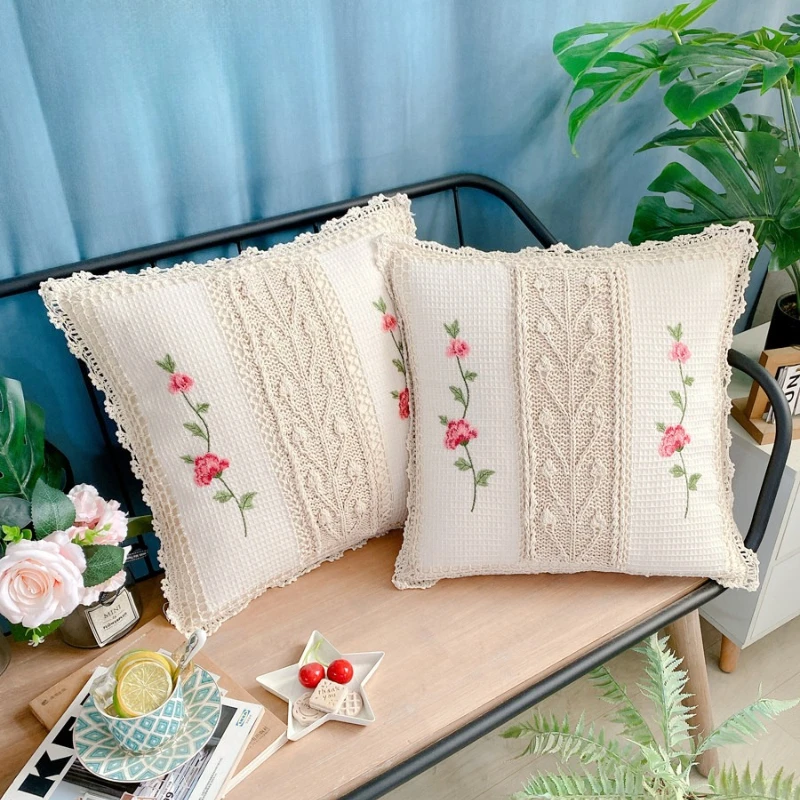 

45cm Cotton Linen Crochet Cushion Cover Handmade Retro Flower Woven Embroidery Pillow Covers Decorative Beige Luxury Home Decor