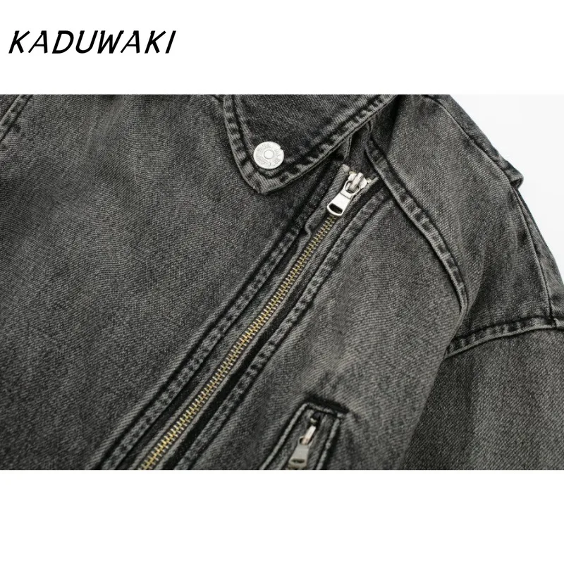 KADUWAKI Retro Y2K Spring Denim Coat Faux Leather Moto Biker Jacket for Women Long Sleeve Jackets Front Zipper Female Outerwear