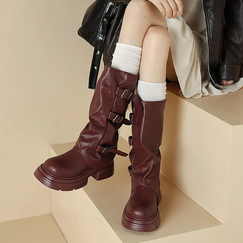Women's High-Tube Belt Buckle Boot Retro Fold Soft Leather Gathered Round Head Mid-Calf 2026 Autumn Winter New Over-Knee Boot