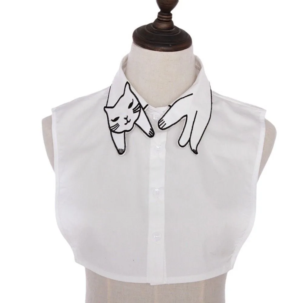

Casual Cartoon Cat Fake Collar Cotton Slim Base Layer Top Solid Color Short Sleeve Detachable False Collar Weater Decorative