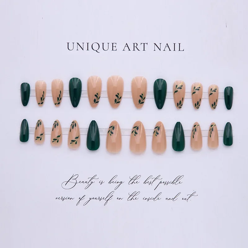 24 個人工プレス爪ミディアムシンプルなアーモンド偽爪ツール付き補綴爪セット緑の葉デザイン付け爪