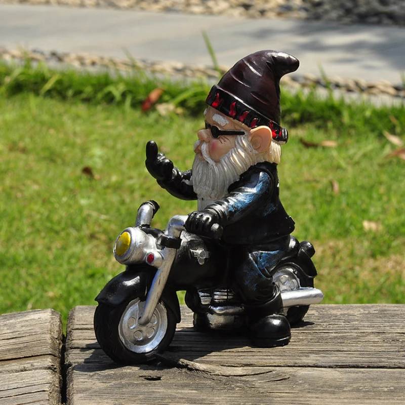 Middle Finger Riding Motorcycle Dwarf Elderly Garden Home Office Decoration Resin Decoration Crafts Decorative Figurines