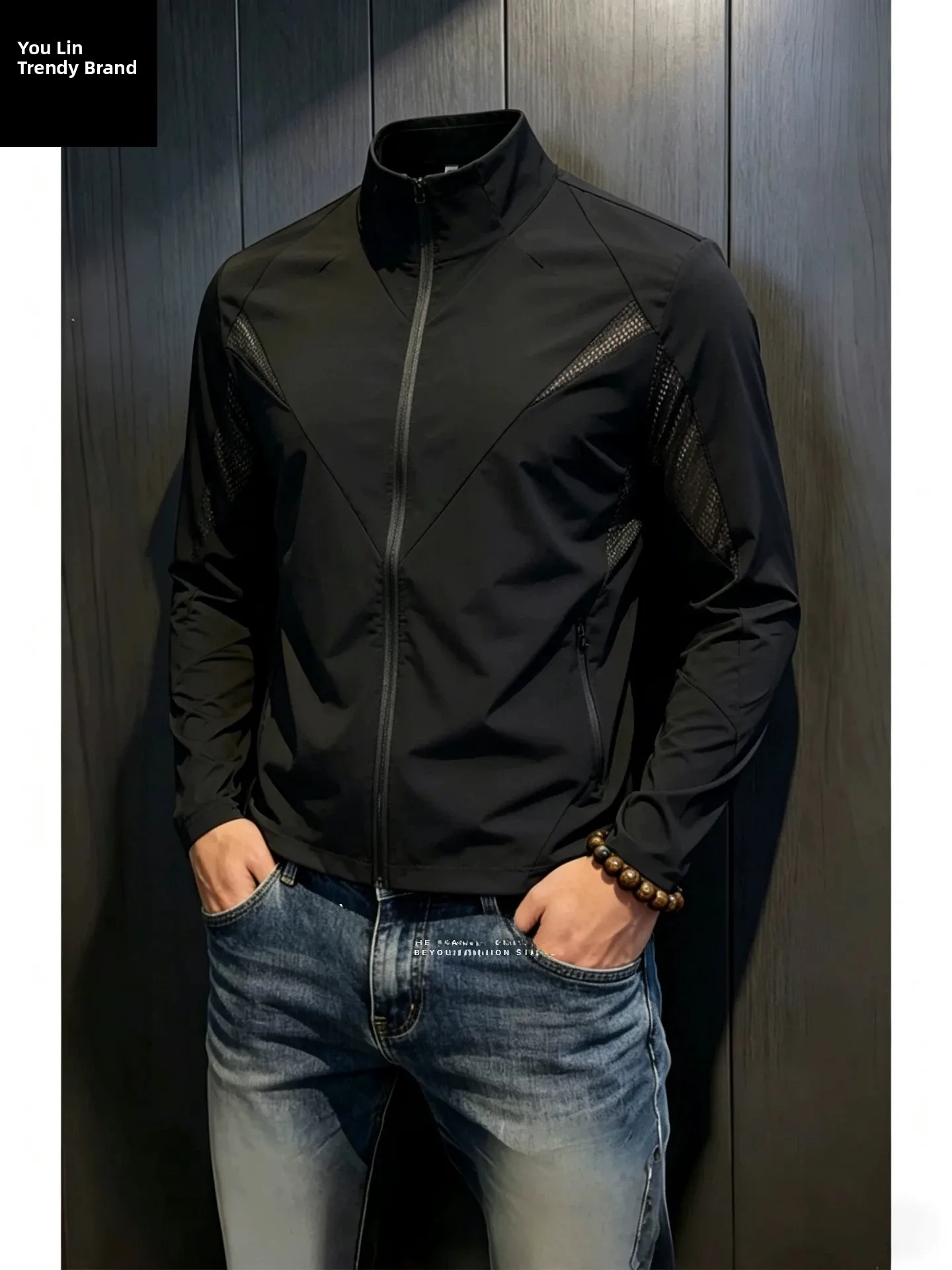 黒の速乾性スタンドカラーメンズサマー軽量通気性ハイエンド日焼け止め釣り服アイスシルクサイクリングスーツ